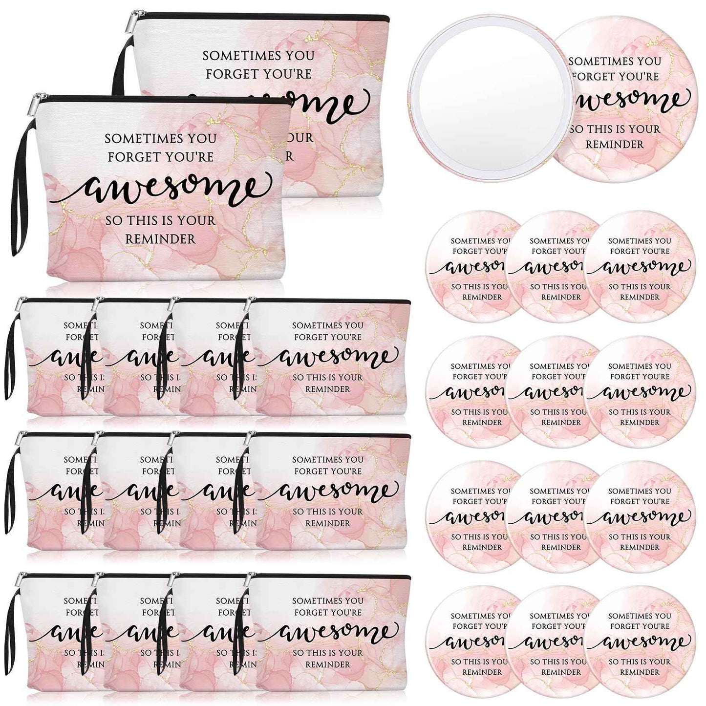 Beeveer 15 Sets Pink Thank You Gifts for Women, Makeup Bags and Compact Mirrors, Christmas Inspirational Gifts for Teacher Employee, Sometimes You Forget You're Awesome Set for Holiday, Thanksgiving