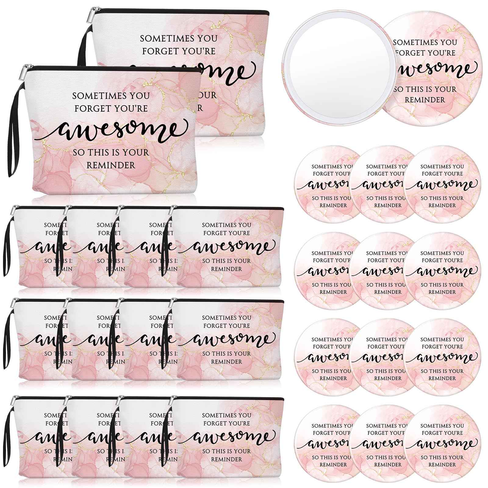 Beeveer 15 Sets Pink Thank You Gifts for Women, Makeup Bags and Compact Mirrors, Christmas Inspirational Gifts for Teacher Employee, Sometimes You Forget You're Awesome Set for Holiday, Thanksgiving