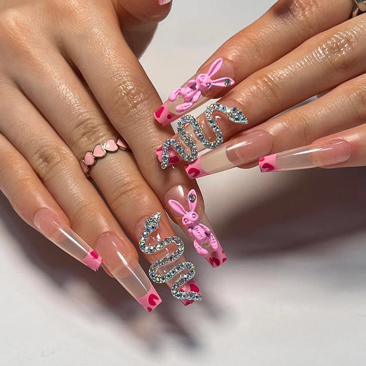 BABALAL French Tip Press on Nails Long Coffin Fake Nails Pink Cow Print Glue on Nails 3d Metallic Snake Rabbit Charm Cute Y2k Acrylic Nails 24Pcs Ballerina Manicure Easter Nails for Women and Girls