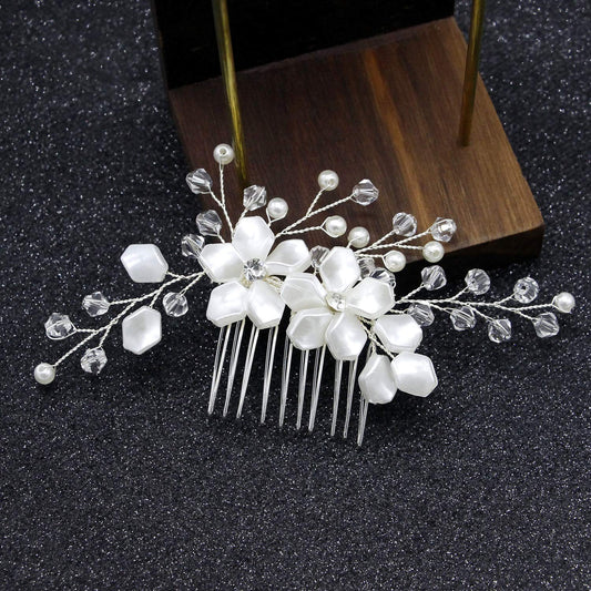 Bridal Wedding Handmade Headpiece, White Flower Rhinestone Hair Clips with Sparkly Hair Pins and Side Combs for Women and Girls