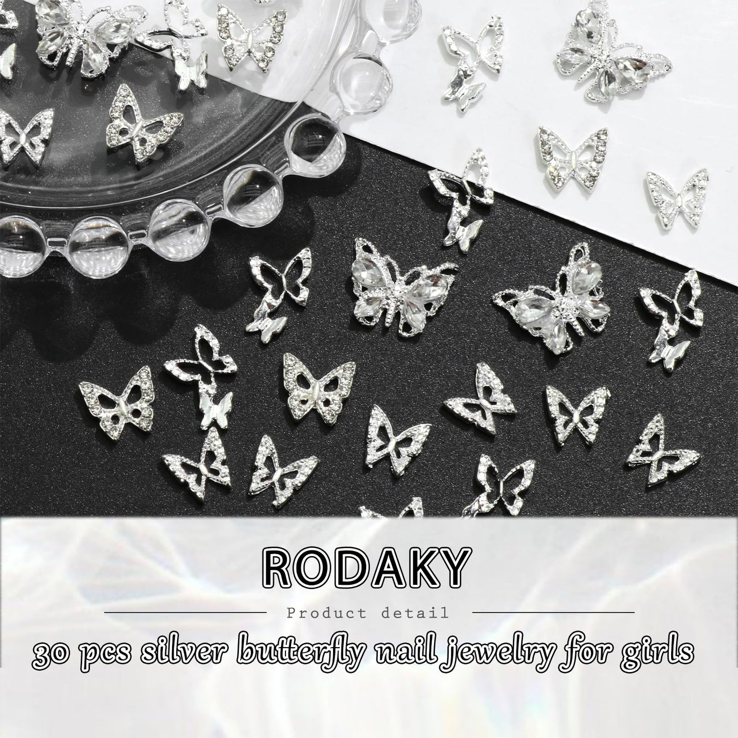 RODAKY 30PCS Butterfly Nail Charms Silver Butterflies Charms for Nails Shiny Nail Art Jewelry with Rhinestone 3D Butterfly Nail Gems for Manicure Nail Decoration Accessories for Women and Girls