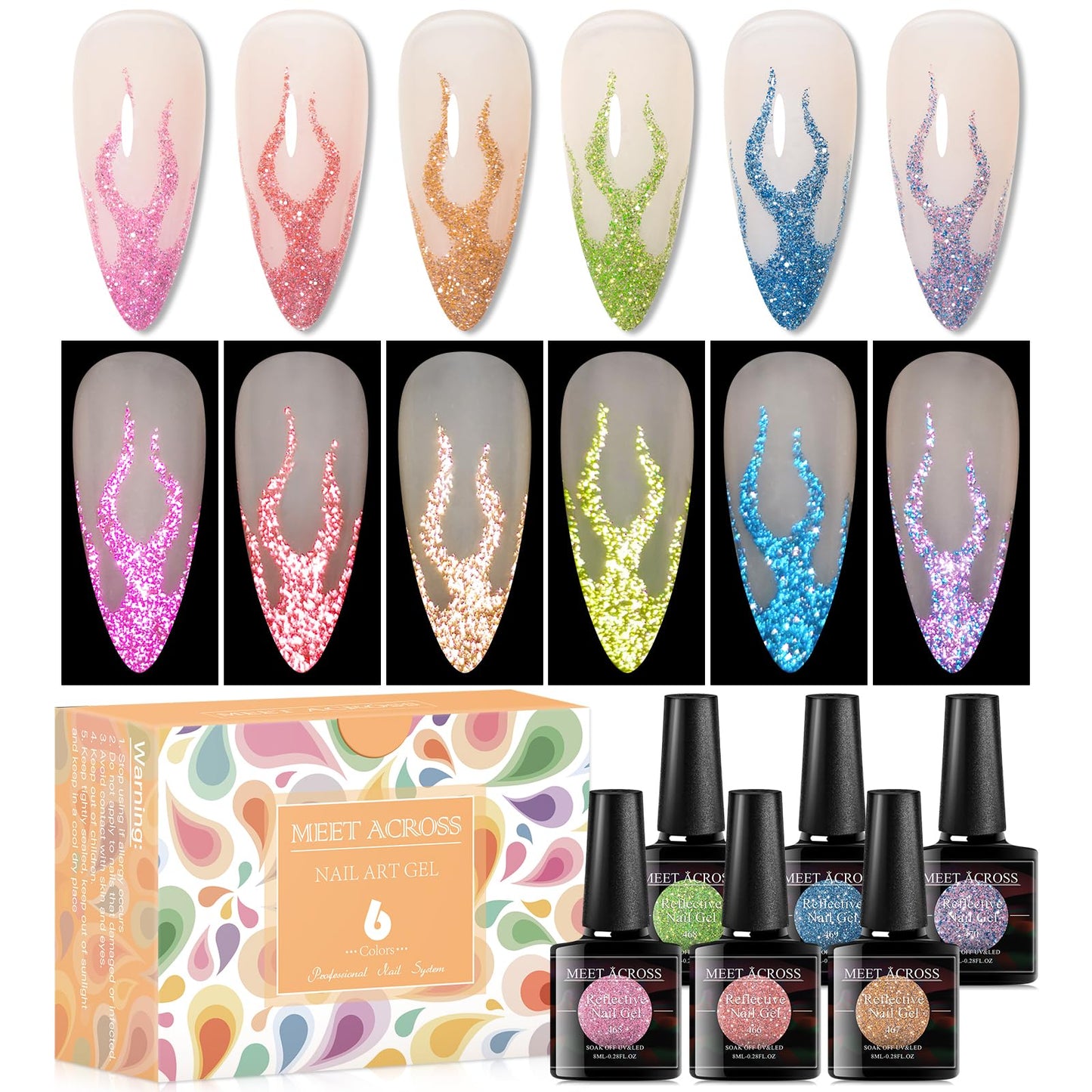 MEET ACROSS Colour Reflective Glitter Gel Nail Polish, Shimmery Glitter Gel Polish Set, Sparkly Shiny Gel Nail Art Varnish Manicure Kit, Soak Off LED Lamp, for Beginners DIY at Home