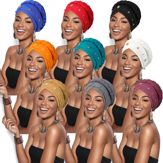 SATINIOR 9 Pcs Women Turban Braid Headscarf Braid Turban Wrap Pre Tied Twisted Hair Covered Hat Beanie Beaded Headband Headwear One Size Multicolor Cap(Fresh)