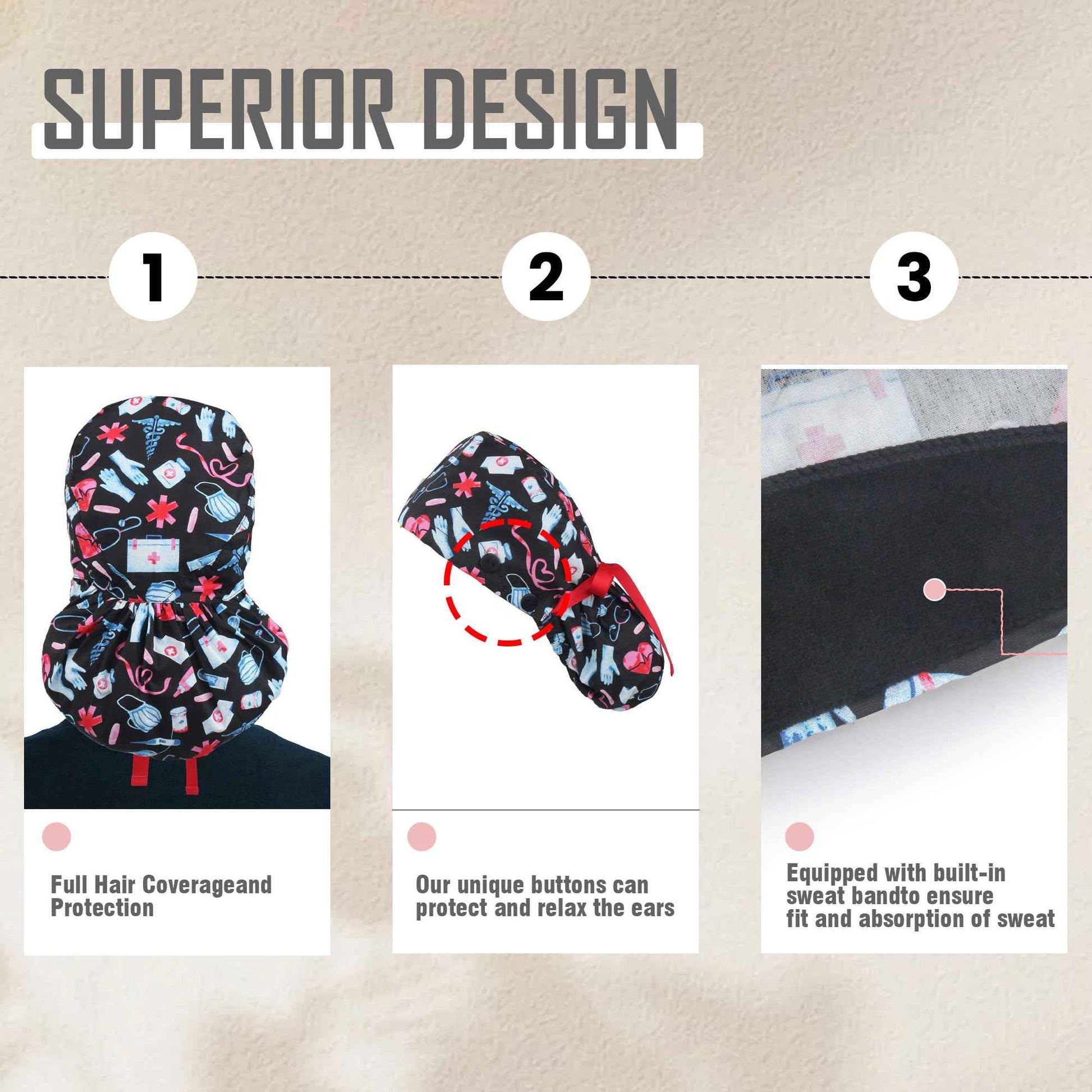 Purefitinsoles Scrub Caps for Women Surgical Nurse Hat with Button Bouffant Ponytail Holder Hair Nets Single or Satin-Lined