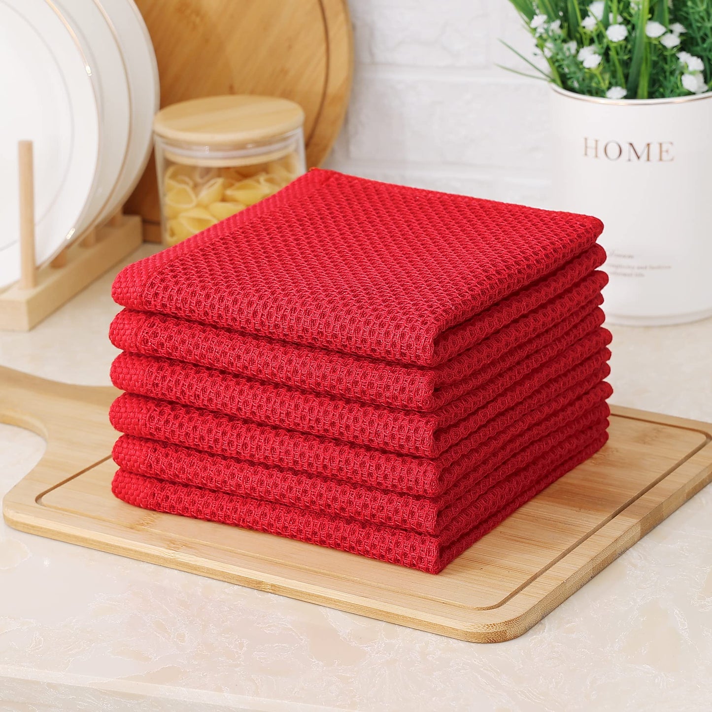 Kitinjoy 100% Cotton Kitchen Dish Cloths, 6 Pack Waffle Weave Ultra Soft Absorbent Dish Towels for Drying Dishes Quick Drying Kitchen Towels Dish Rags, 12 X 12 Inches, Red