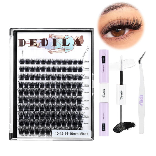 Dedila Large Tray-Grafted mixed 10-12-14-16mm Wide Stem Individual False Eyelashes120 Clusters D Curl Volume Eye Lashes Extensions +2 in 1 Bond&Seal+ 1pcs Tweezer (Lash Kit-mixed10-12-14-16mm)