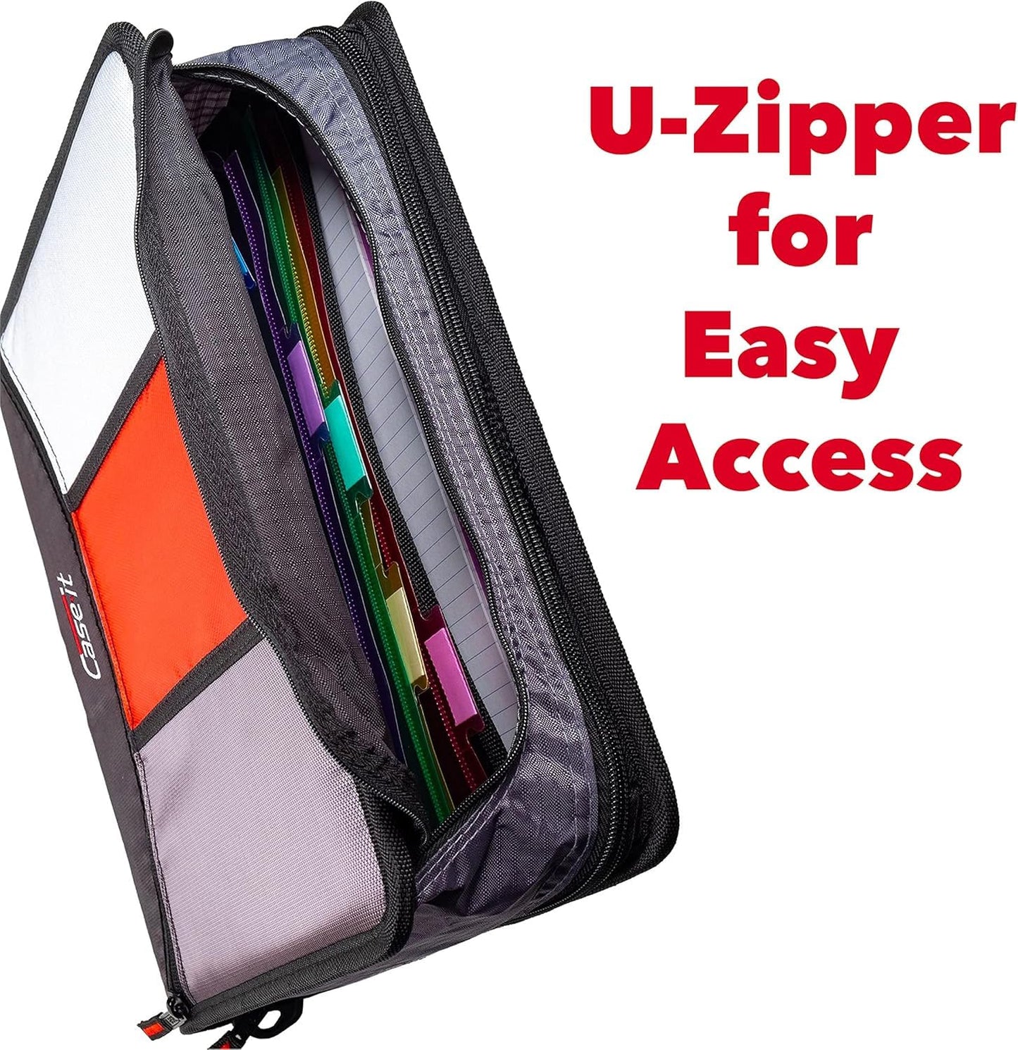 Case-it The Mighty Zip Tab Zipper Binder - 3 Inch O-Rings - 5 Color Tab Expanding File Folder - Multiple Pockets - 600 Sheet Capacity - Comes with Shoulder Strap - Jet Black D-156-N-C