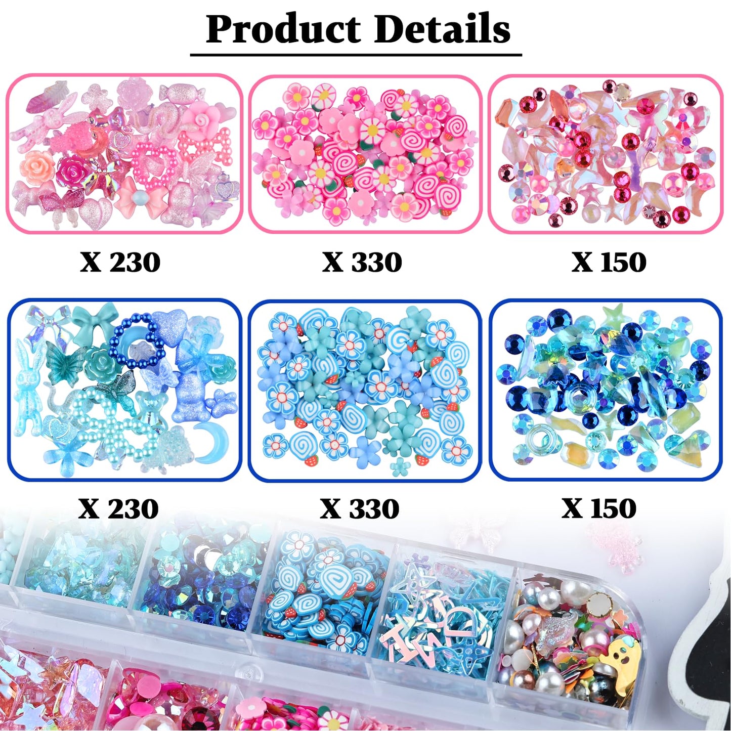 Kikonoke 1400 Pieces 3D Butterfly Rose Flower Bow Rabbit Bear Nail Charms Kit with Nail Art Rhinestones Pearls Crystal Gems Nail Slices for Manicure DIY Crafts Jewelry Accessories (Pink Blue)