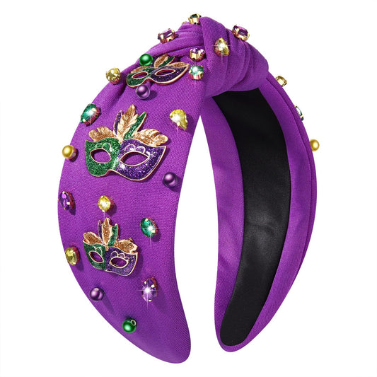 GLBCC Mardi Gras Headband for Women Mardi Gras Masks Knotted Headband Accessories Purple Rhinestone Beads Jeweled Wide Hairband Carnival Parade Outfit Decorations (Mask Mardi Gras hairband purple)