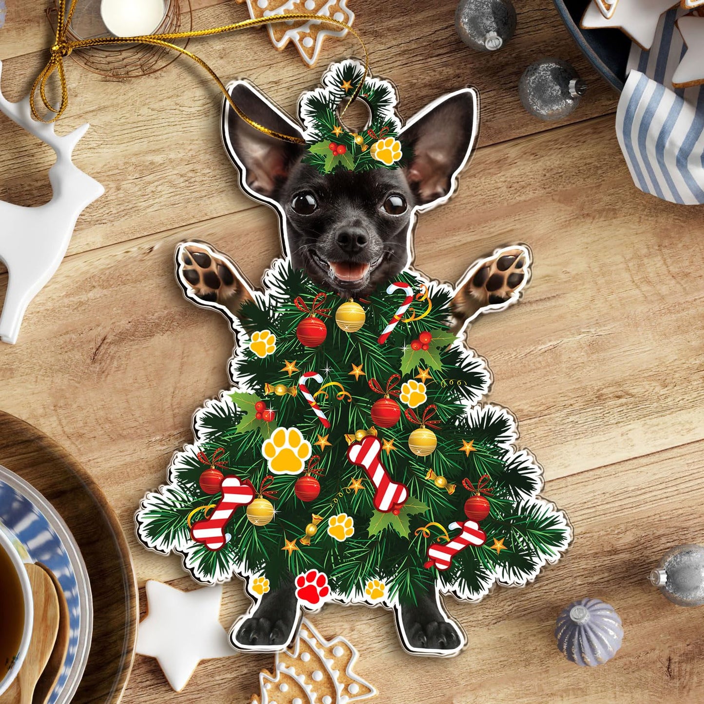 Black Chihuahua Christmas Tree Ornament - Festive Holiday Acrylic Hanging Decoration with Adorable Black Chihuahua Dog - Black Chihuahua Christmas Tree Topper Ornament