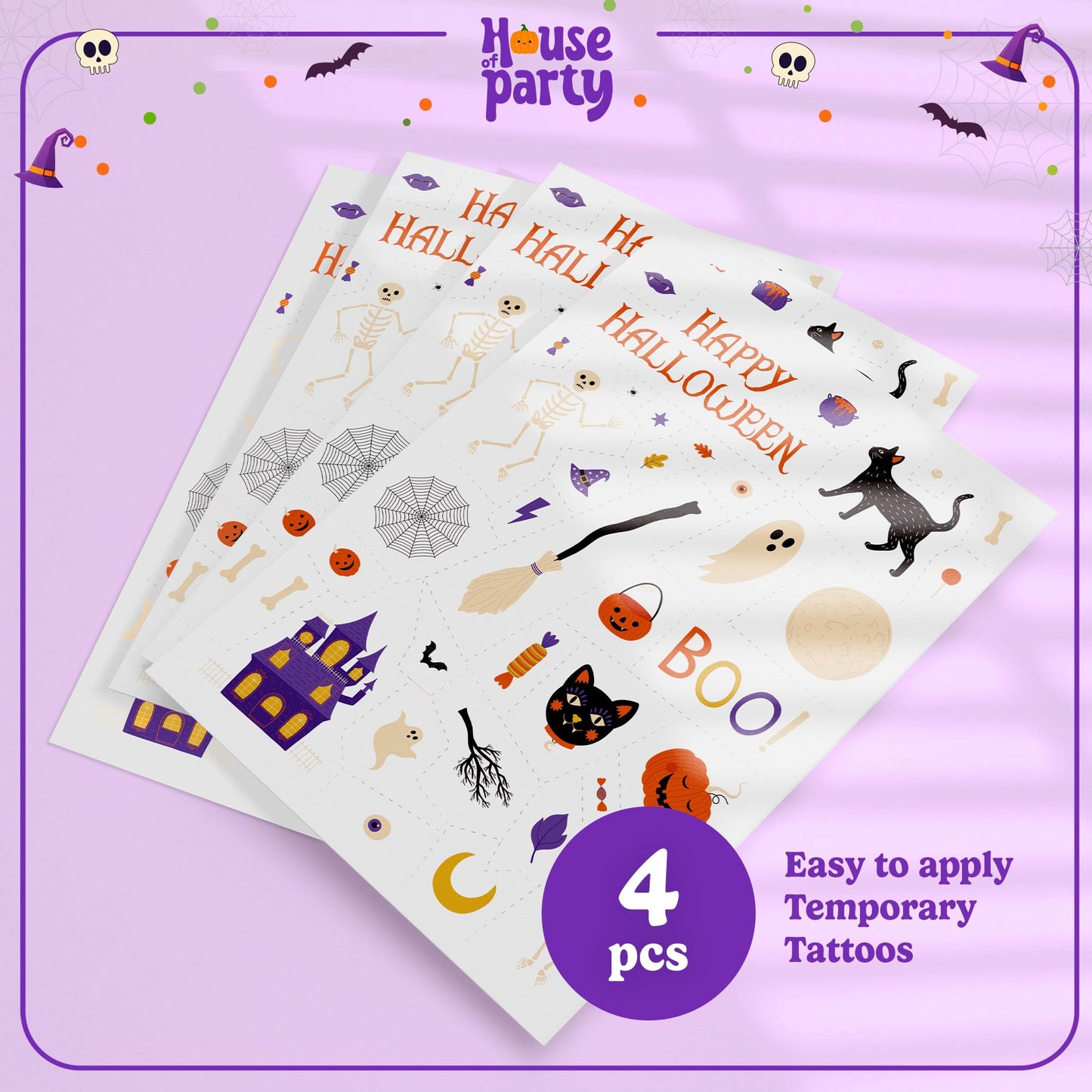 HOUSE OF PARTY Halloween Temporary Tattoos for Kids - Pack of 144 - Glow in the Dark Tattoos - Non-Toxic Waterproof Stickers for Boys and Girls - Ideal for Happy Halloween Decorations!