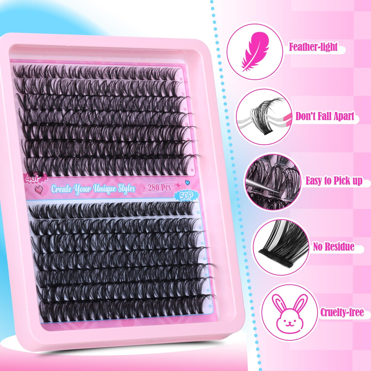 ALICE DIY Lash Extension Kit Natural Lash Clusters Kit 40D+50D Wispy Fluffy Eyelash Extension Kit 10-18mm Individual Lashes 280pcs with Lash Glue Bond and Remover Lash Applicator for Beginners