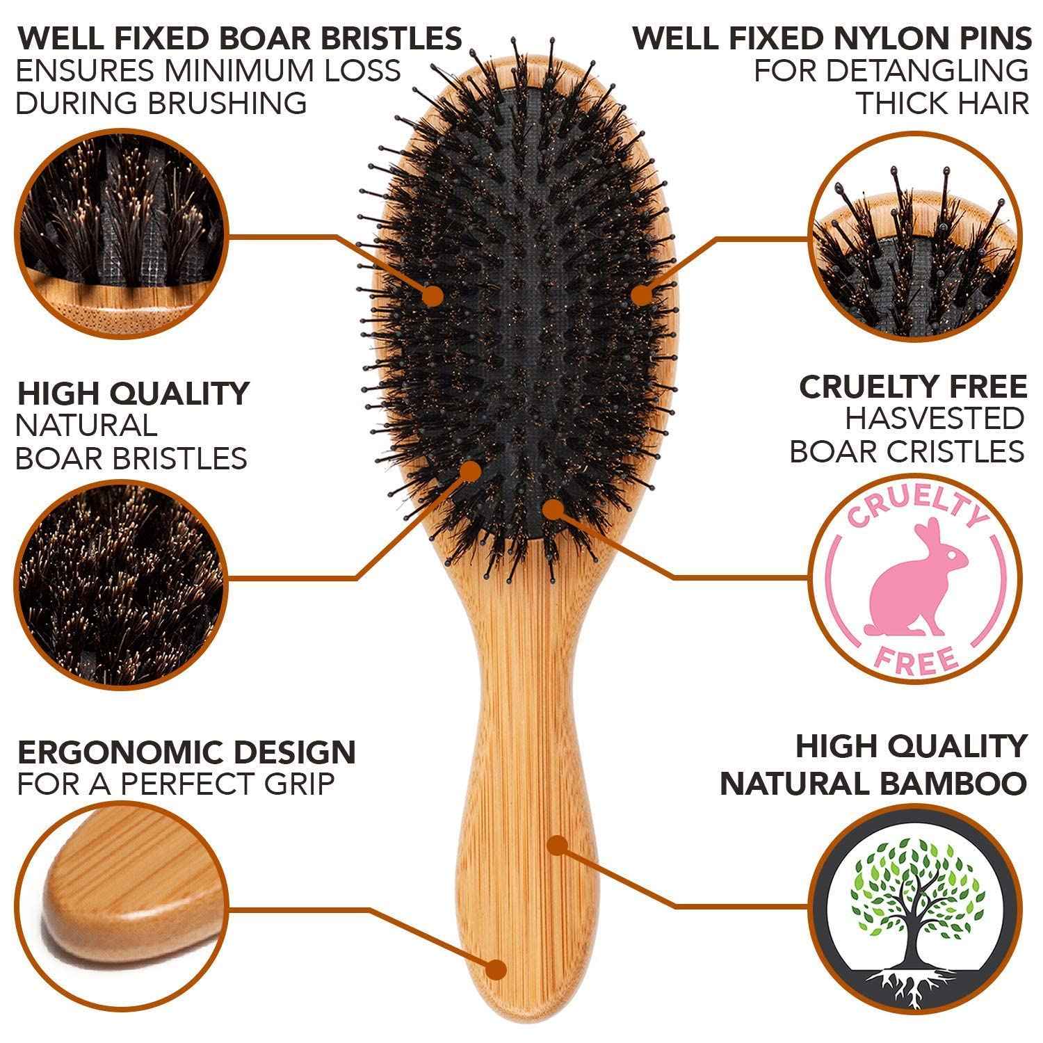 Belula Skin & Hair Care 100% Natural. Dry Brushing Body Brush Set and Detangling Boar Bristle Hair Brush. Restore Shine and Health to Your Skin and Hair.