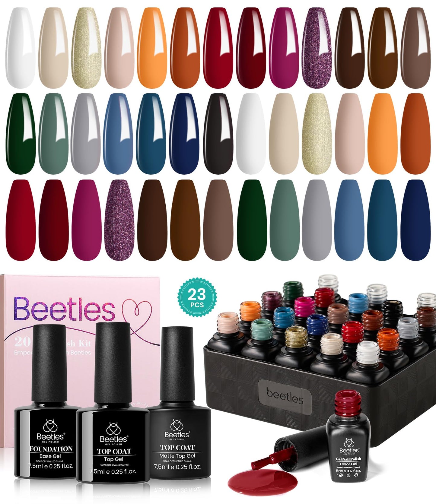 Beetles 23 Pcs Gel Nail Polish Kit 20 Fall Colors Glowing Attraction Collection Orange Burgundy Red Purple Gel Polish Set Gray Blue Green Soak Off Uv Nail Lamp Base Top Coat Gifts for Women