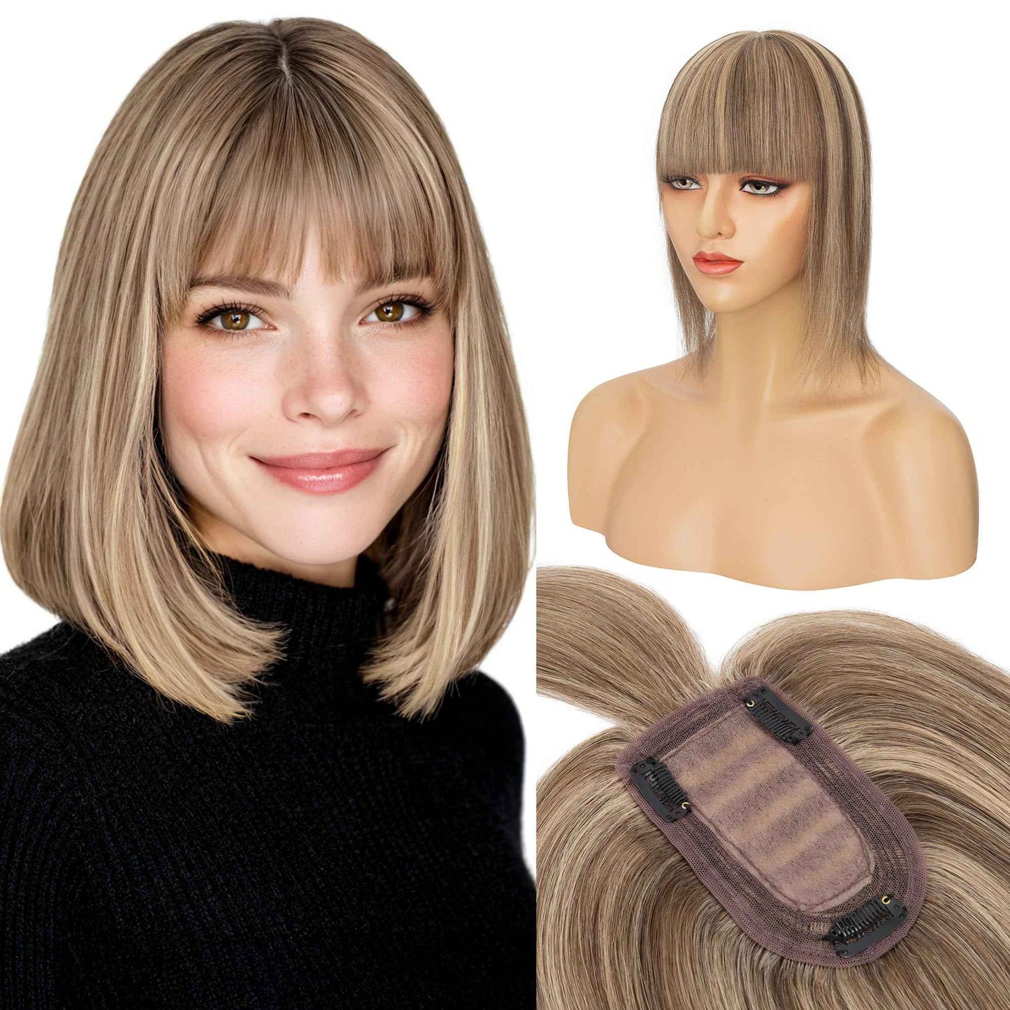S-noilite Human Hair Toppers for Women with Bangs 100% Real Human Hairpiece 5"x3" Clip in Silk Base Topper Piece Cover Thinning Fine Hair 10 inch Medium Brown Highlighted Honey Blonde