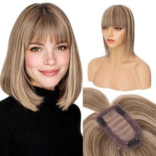 S-noilite Human Hair Toppers for Women with Bangs 100% Real Human Hairpiece 5"x3" Clip in Silk Base Topper Piece Cover Thinning Fine Hair 10 inch Medium Brown Highlighted Honey Blonde