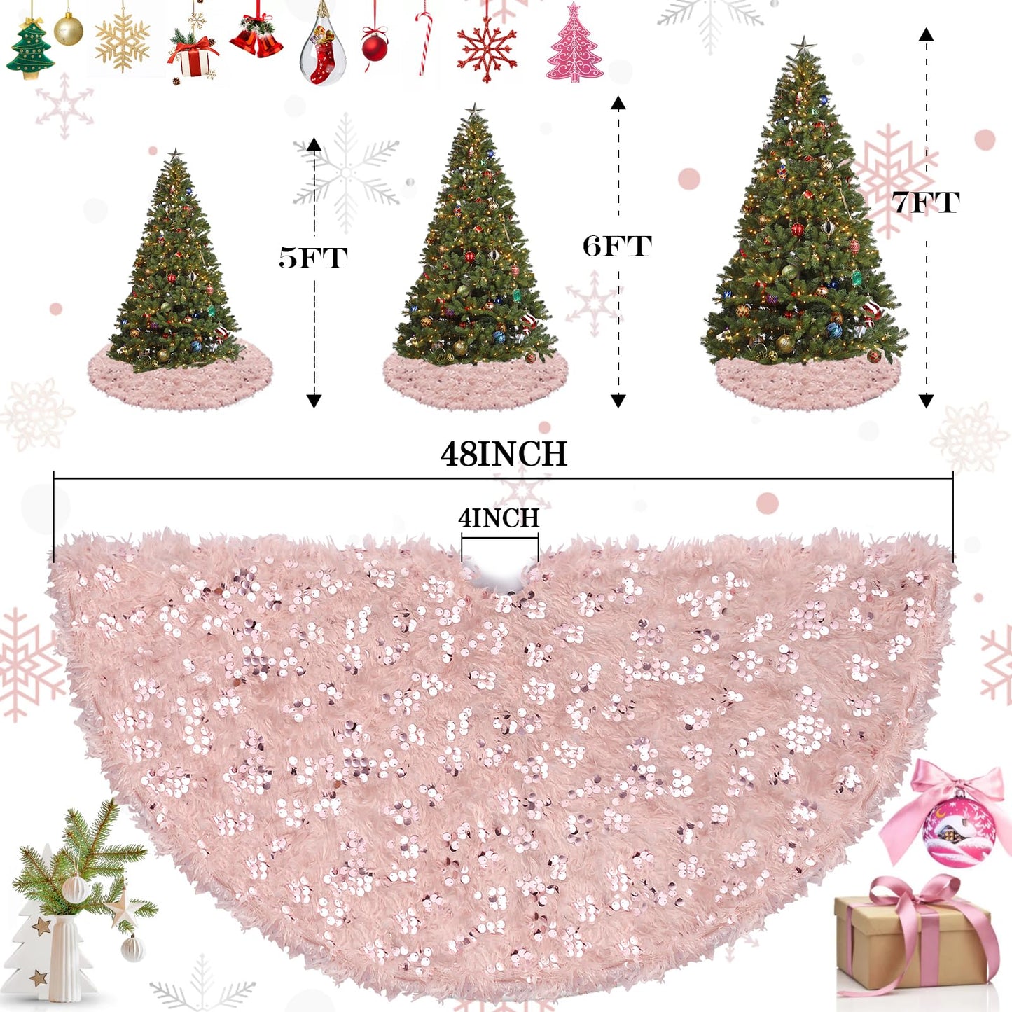 Blush Pink Christmas Tree Skirt, 48 inches Large Pink Faux Fur Feather Tree Ornaments with Sequins, Fluffy Xmas Tree Rug for Holiday Fall Winter New Year Christmas Decorations