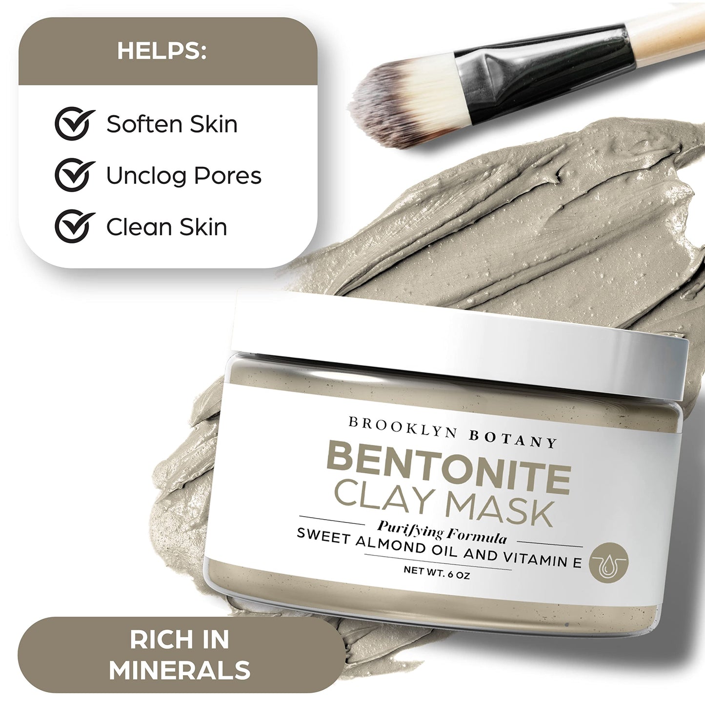 Brooklyn Botany Bentonite Facial Mask 6 oz – Deep Pore Cleanser Clay Mask with Bentonite and Kaolin Clay – Purifying and Hydrating Facial Cleanser and Acne Face Mask – For Normal and Oily Skin