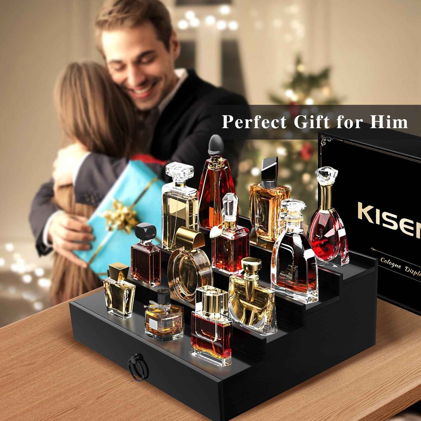 KISENG Cologne Organizer for Men, 4 Tier Cologne Stand with Drawer, Perfume Holder with Hidden Compartment, Fragrance Stand Shelf A Great Gift for Man, Black