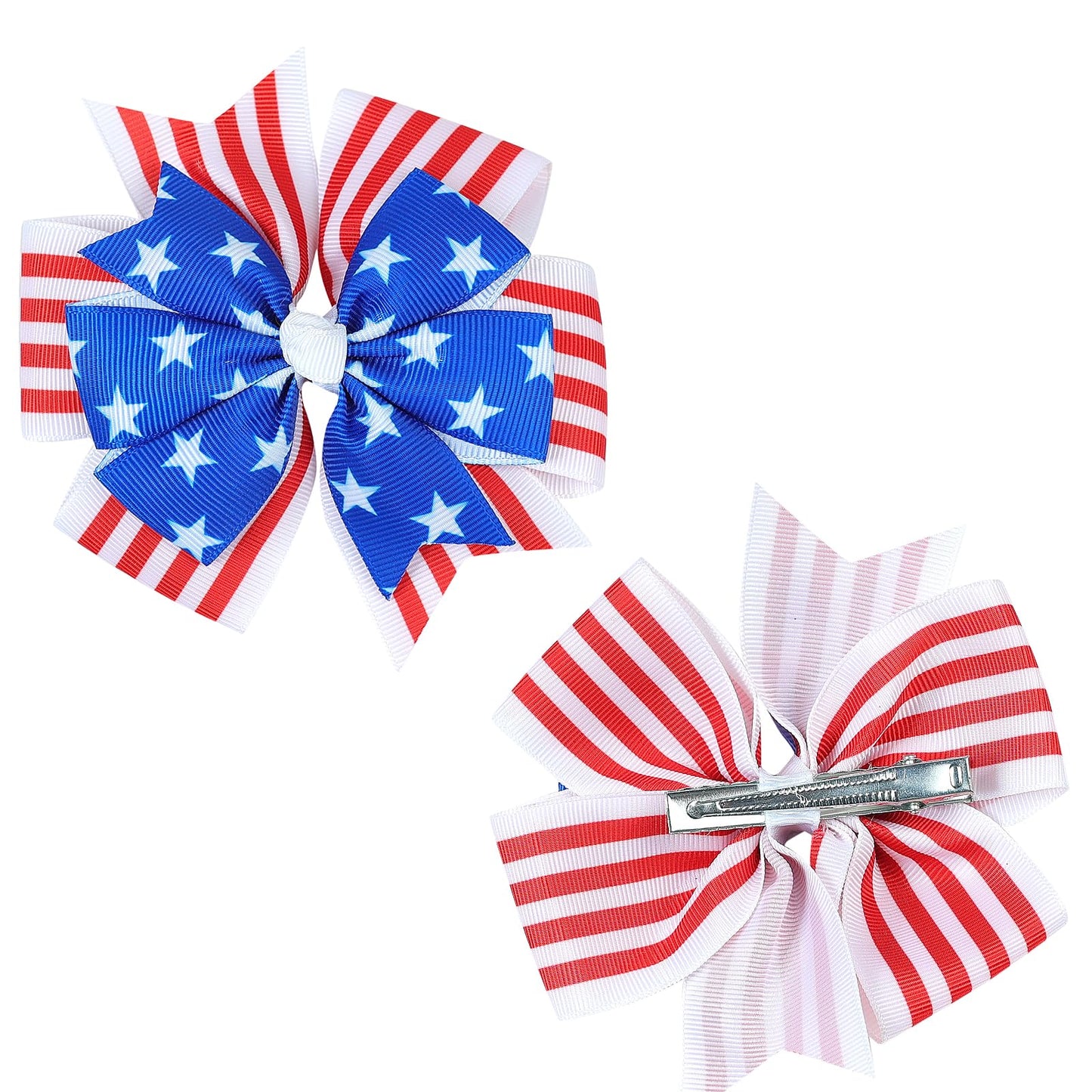 Patriotic Party Grosgrain Ribbon Barrettes - 4th of July Star Hair Clips, Alligator Clips for Women and Girls, Blue Stripes, Holiday and Memorial Day, 2PCS