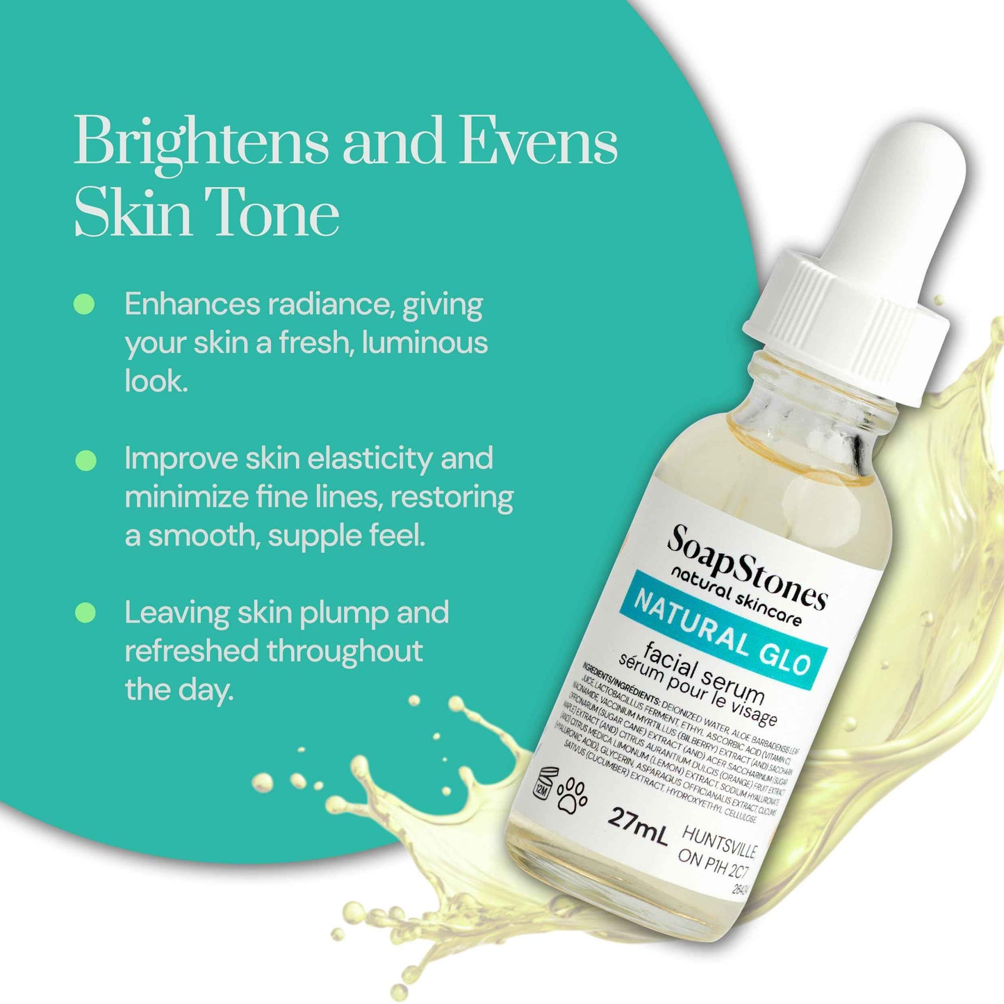 Soapstones Natural Glo Facial Serum - Niacinamide and Hyaluronic Acid Vitamin C Serum - Bilberry, Sugar Cane, Maple, Lemon and Orange Extracts Infused Face Serum