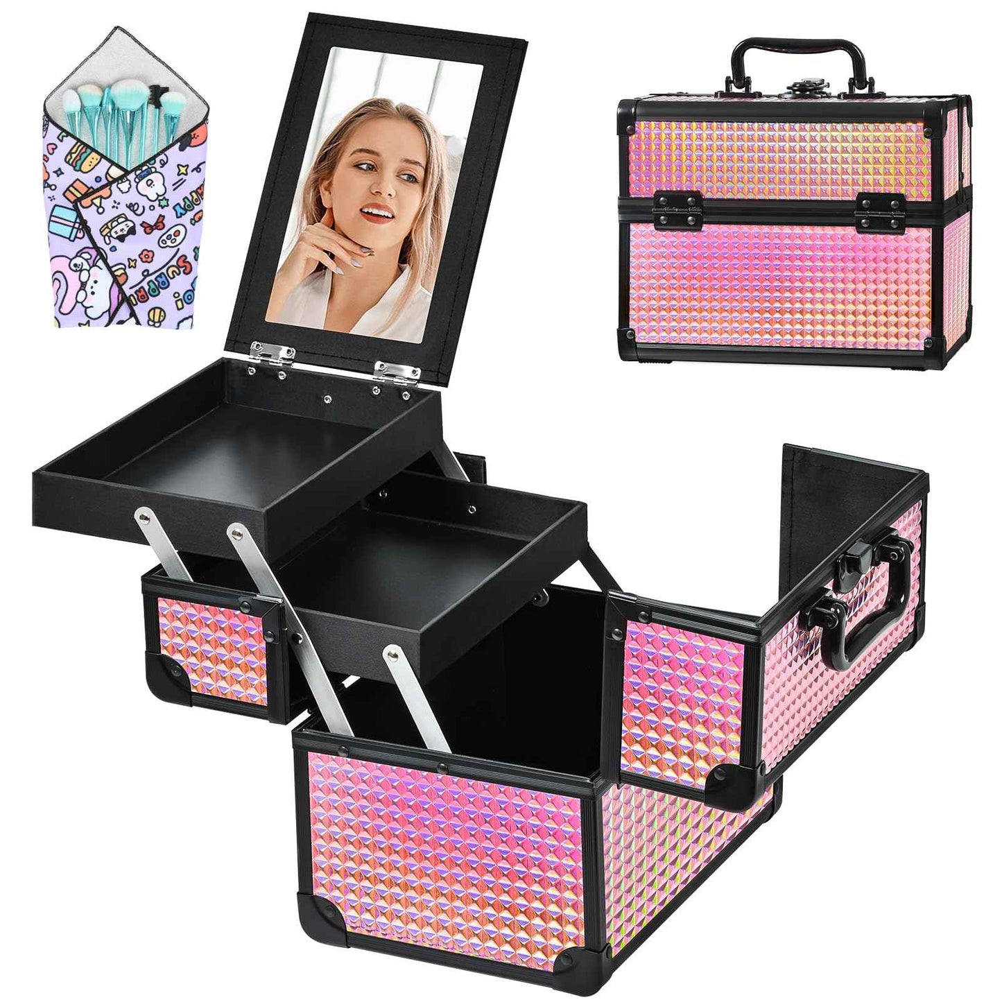 GALHUBIS Makeup Case Organizer,Makeup Train Case, Trays Cosmetic Box Portable, Profesional for Salon Barber,Black Bright Pink