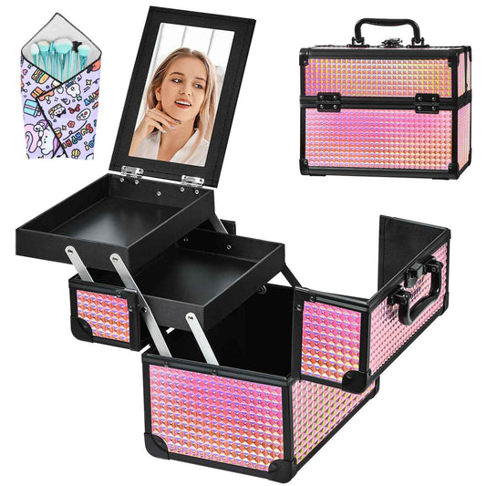 GALHUBIS Makeup Case Organizer,Makeup Train Case, Trays Cosmetic Box Portable, Profesional for Salon Barber,Black Bright Pink