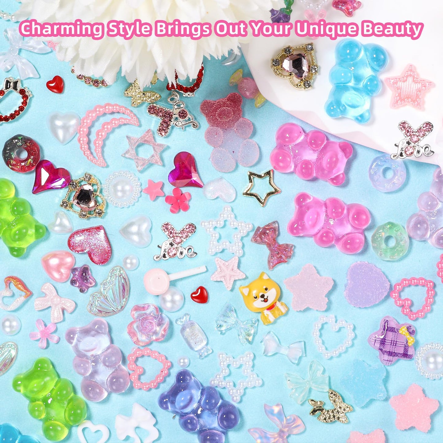 Candy Nail Charms and Gems, Multi Color Acrylic 3D Shape Design Gummy Bear Lollipop Star Bows Cute Nails Charms, 14Pcs Metal Alloy Cute Nail Rhinestones Gems Charms for Nail Art DIY