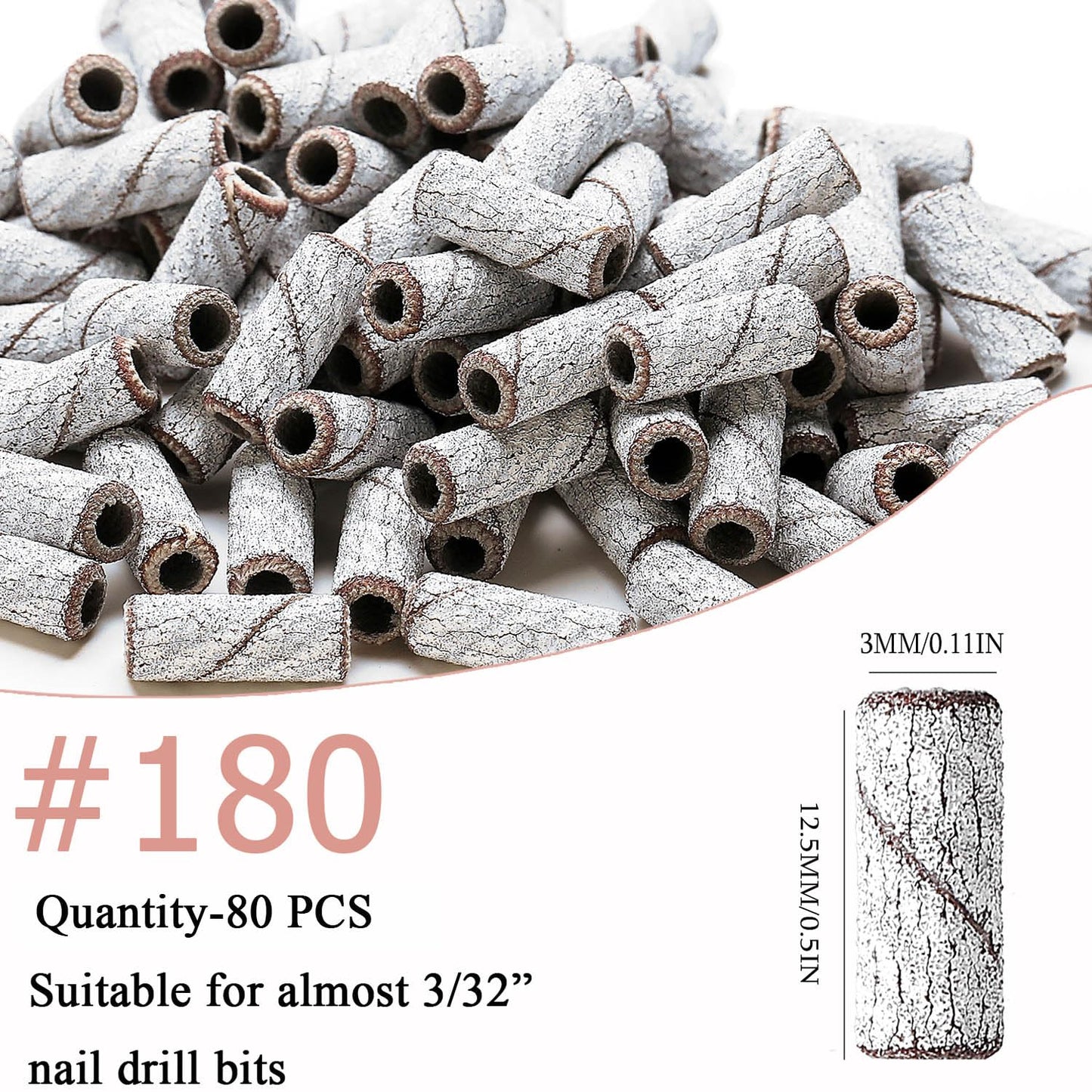 ERUIKA 180 Grit Small Sanding Bands for Nail Drill, 80pcs Mini Sanding Bands with 3.1mm Mandrel Bit for Acrylic Nails Prep Gel Removing Shaping,Manicure Pedicure Use(180# White)