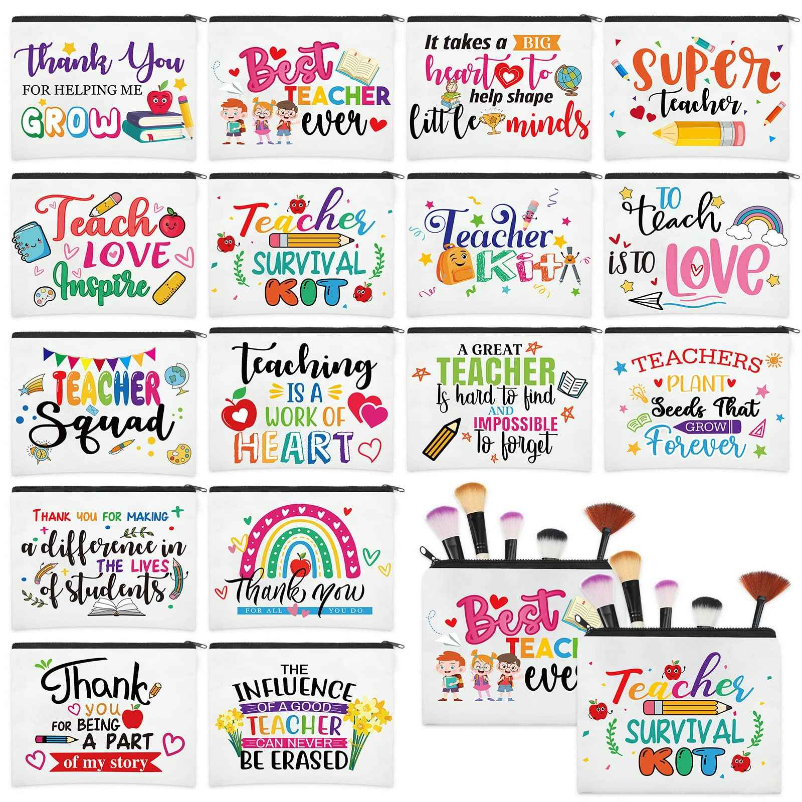 Hillban 32 Pieces Teacher Christmas Gifts Teacher Appreciation Gifts Women Cosmetic Makeup Bag Funny Pencil Pouch for Graduation Birthday Christmas(Cute)