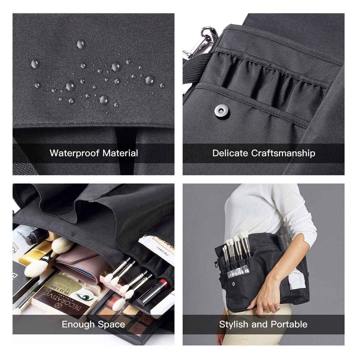 Rownyeon Professional Cosmetic Makeup Brush Bag Case Portable Cosmetic Brush Holder Organizer with Artist Adjustable Belt Strap(Brushes Not Included)