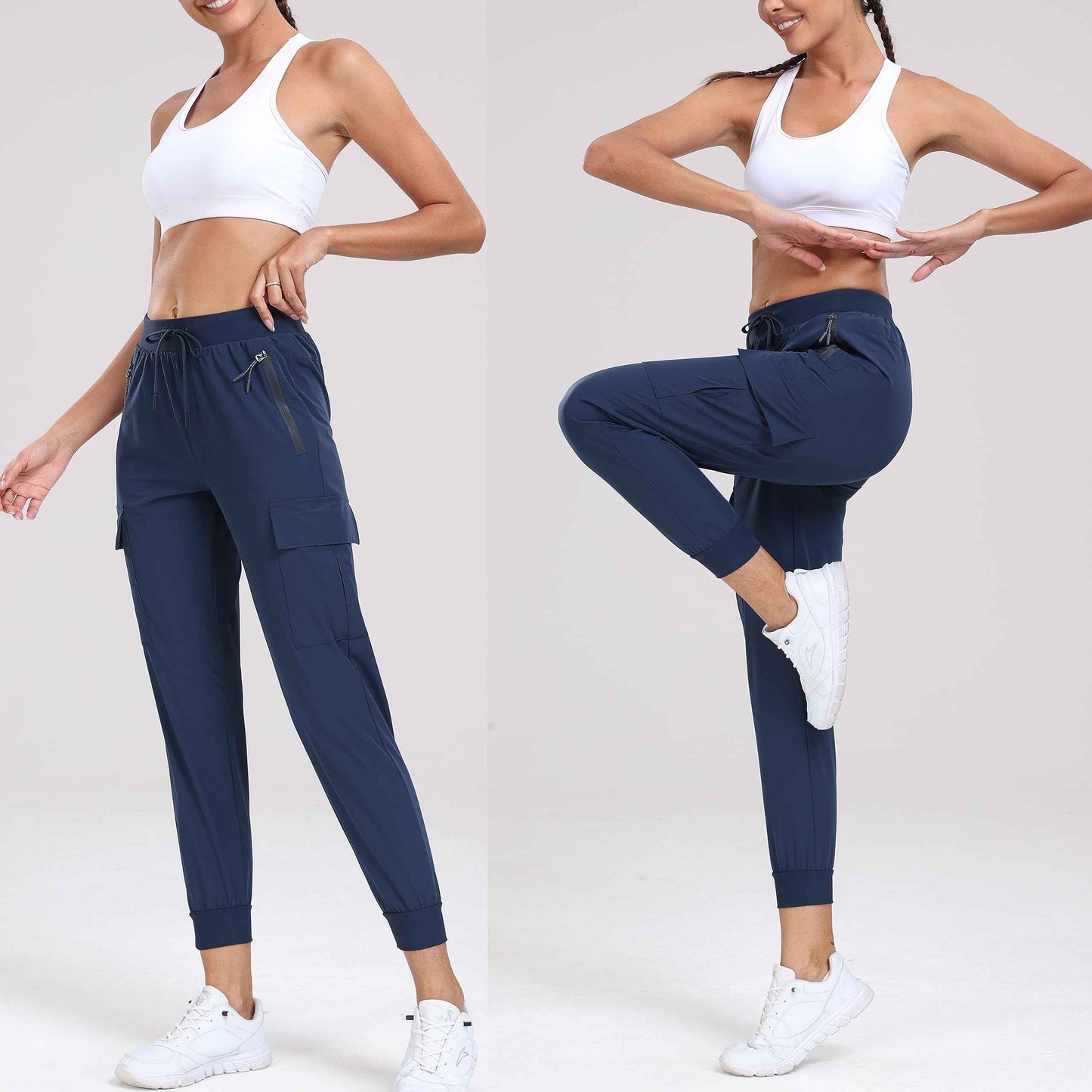 Oalka Women's Cargo Hiking Pants Lightweight Travel Pockets Joggers Quick Dry Navy Blue 2XL