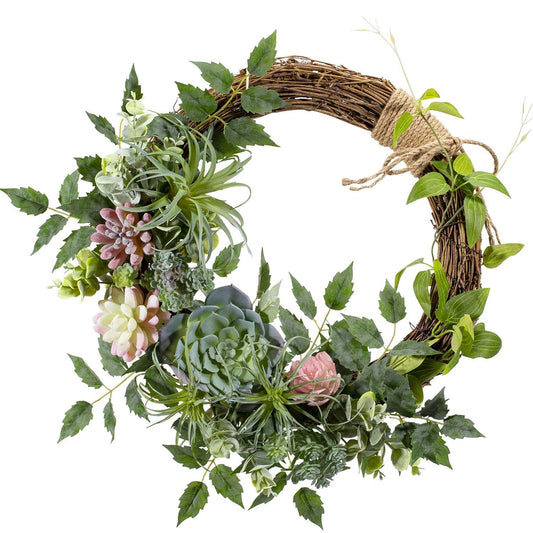 WANNA-CUL 16 inch Boho Spring Succulent Wreath Arrangement Decor for Front Door,Artificial Multicolor Succulent Summer Door Wreath with Greenery Air Pineapple for Wall and Home Decoration