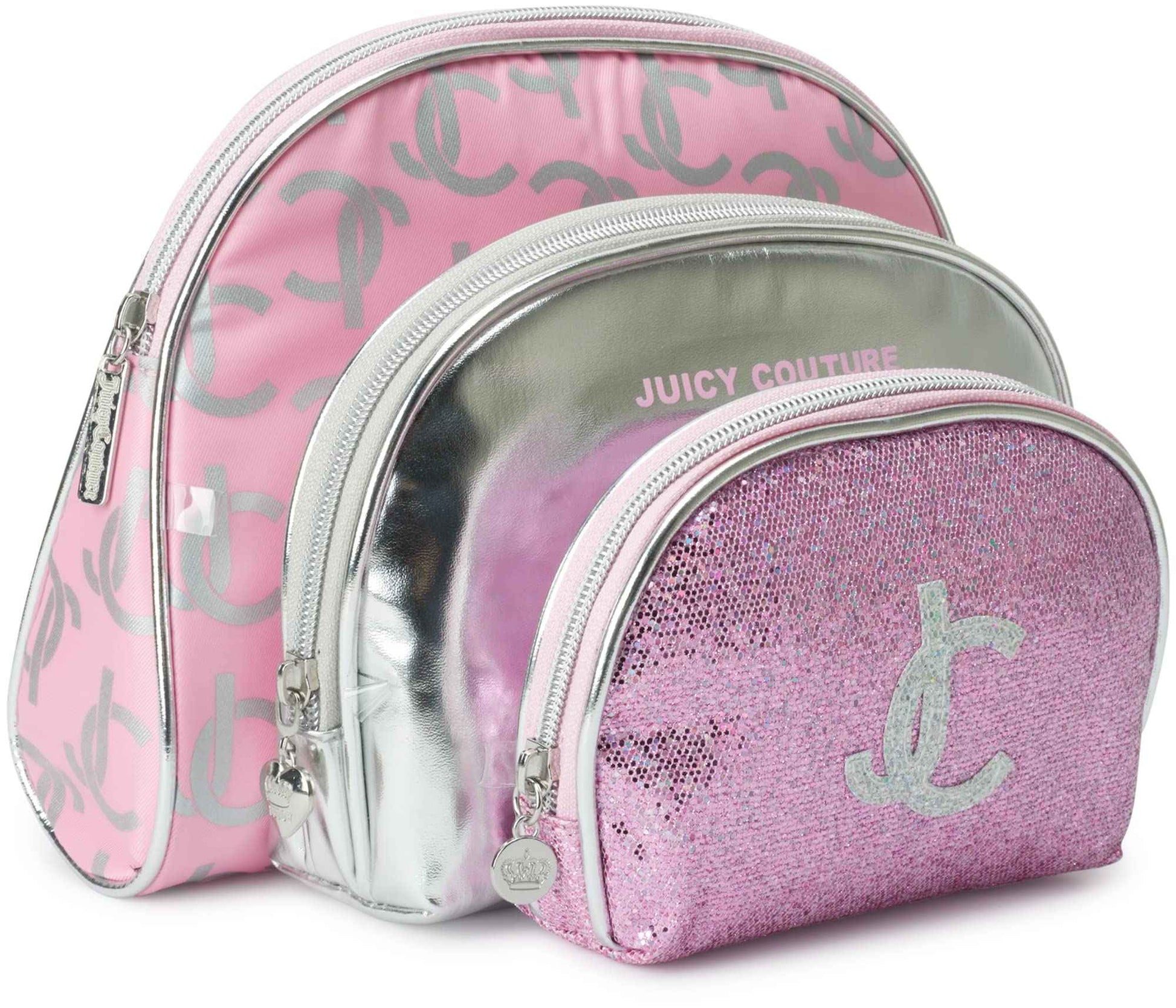Juicy Couture Silver Pink Makeup Bag Cosmetics Organizer Travel Essentials Clutch Coin Purse Three Piece Set Shiny Glitter
