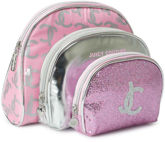 Juicy Couture Silver Pink Makeup Bag Cosmetics Organizer Travel Essentials Clutch Coin Purse Three Piece Set Shiny Glitter