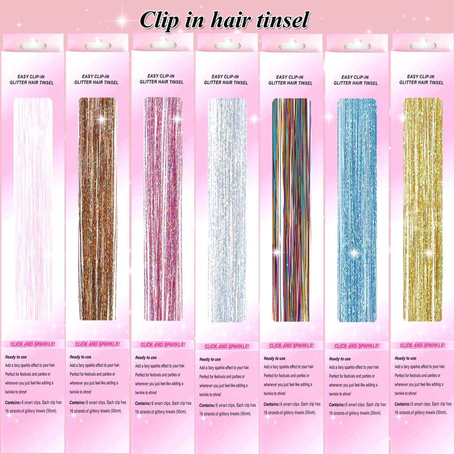 USHUIUS Hair Clip Tinsel Extensions, 12Pcs Hair Tinsel Clips, Glitter Tinsel Hair Accessories, Heat Resistant, Sparkly, for Girls Women Kids, Colorful, 50cm/19.6 Inch