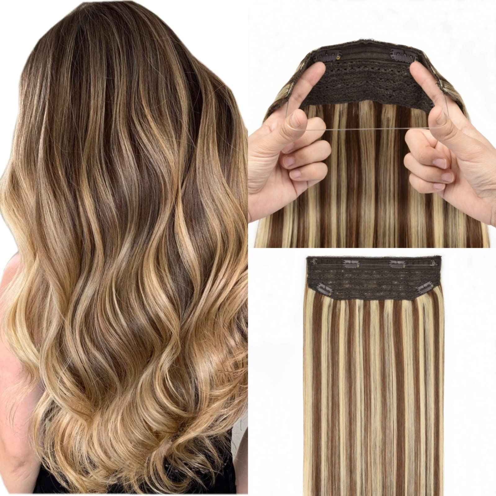 Wire Hair Extensions Real Human Hair One Hairpiece for a Full Head with Invisible Fish Line Brown Highlighted Golden Blonde 14 Inch 80g #4/613 Fish Wire Hair