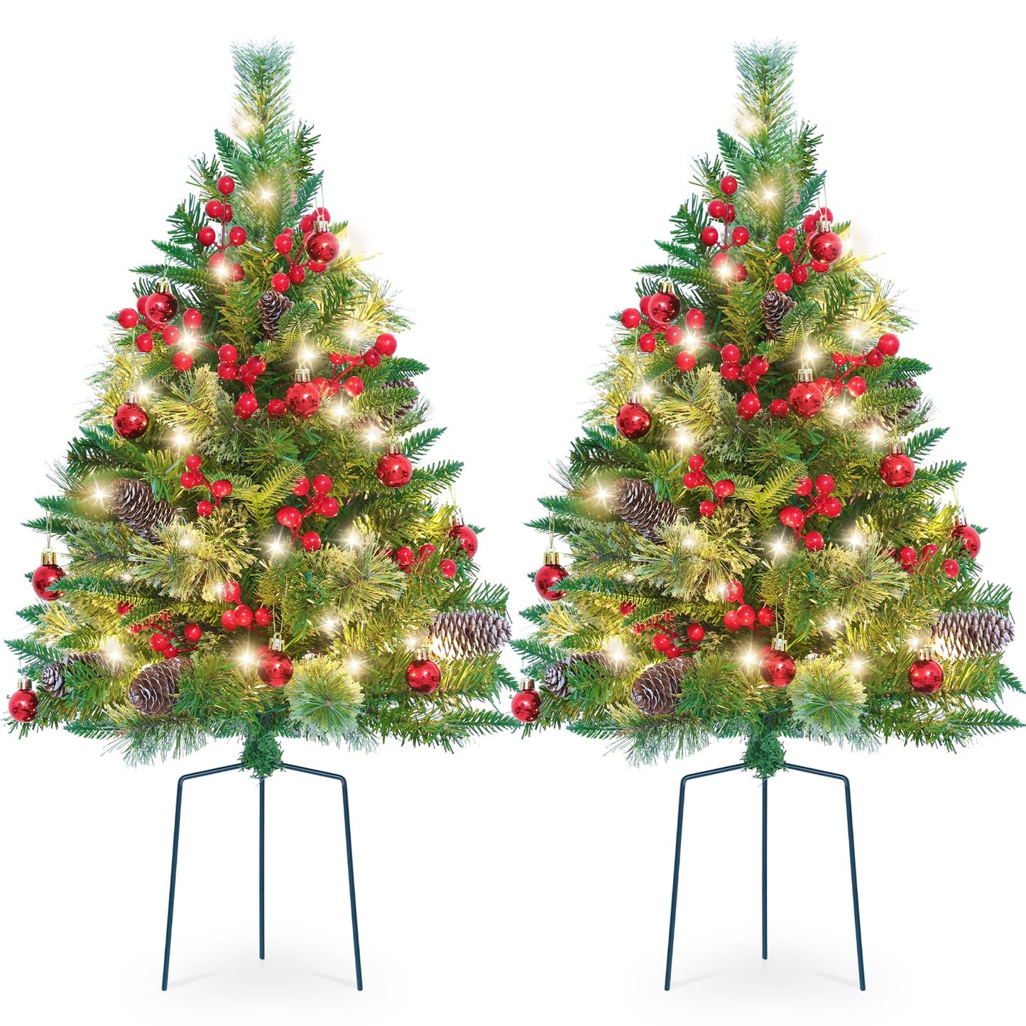 Set of 2 Outdoor Pathway Christmas Trees, 30” Battery Operated Pre-Lit Artificial Xmas Trees with 35 LED Lights, 8 Flash Modes, Holiday Décor for Porch Yard with Red Berries/Pine Cones/Ball Ornaments