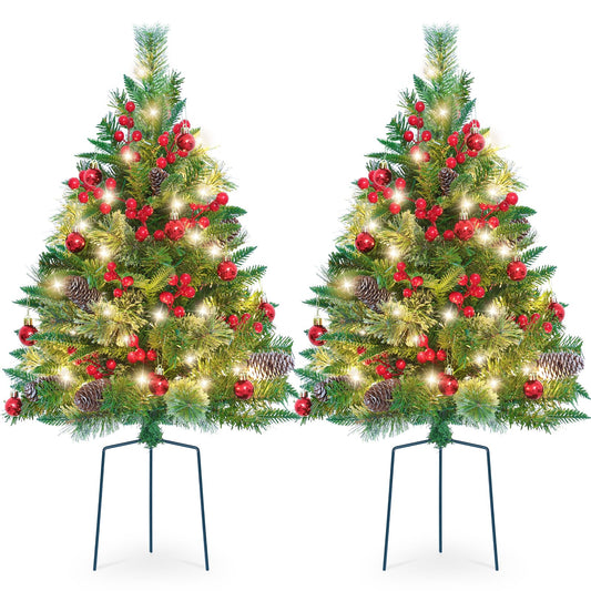 Set of 2 Outdoor Pathway Christmas Trees, 30” Battery Operated Pre-Lit Artificial Xmas Trees with 35 LED Lights, 8 Flash Modes, Holiday Décor for Porch Yard with Red Berries/Pine Cones/Ball Ornaments