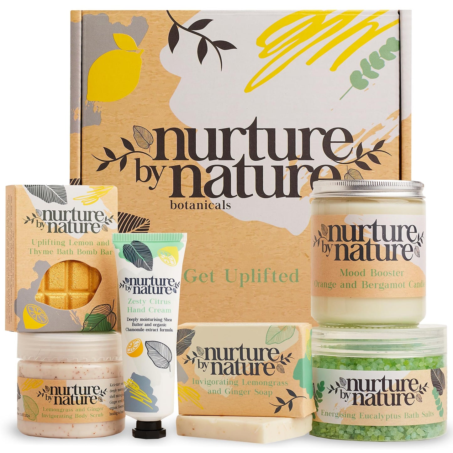 Nurture by Nature RELAX & UPLIFT Pamper Spa Kit – Christmas Gifts for Women – Spa Gift Basket with Bath Salts, Bath Bombs & Candle – Self-Care Kit – At-Home Spa Set for Special Occasions, Bath Set