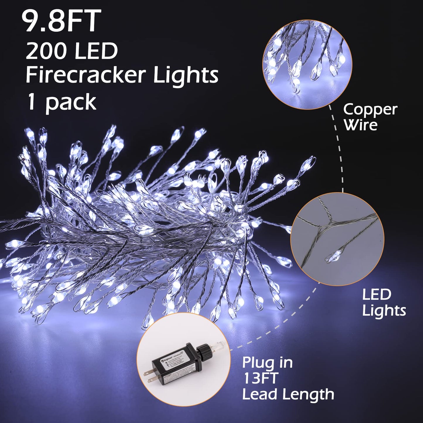 Fairy Lights Plug in, 10Feet 200 LEDs Firecracker String Lights with Remote, Christmas Lights Cluster Starry String Lights for Ceiling Bedroom Wreath Garland Window Christmas Decoration, Pure White