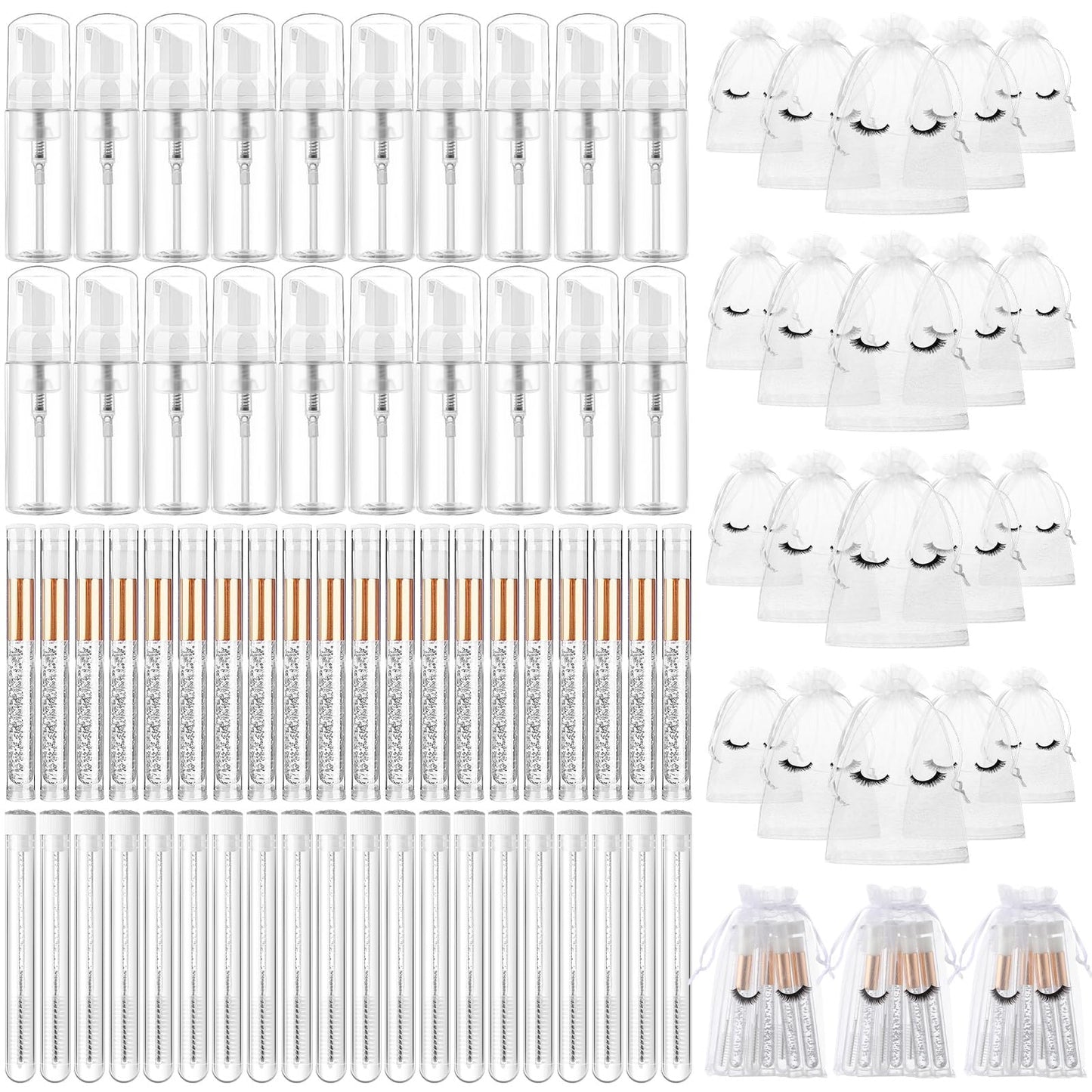 Zhehao 80 Pcs Lash Shampoo Bottle Brushes Set 20 Eyelash Shampoo Foam Pump Dispensers 20 Lash Aftercare Bag 20 Lash Brushes Pipes 20 Lash Shampoo Brushes, Lash Extension Cleaning Kit(White, Sliver)