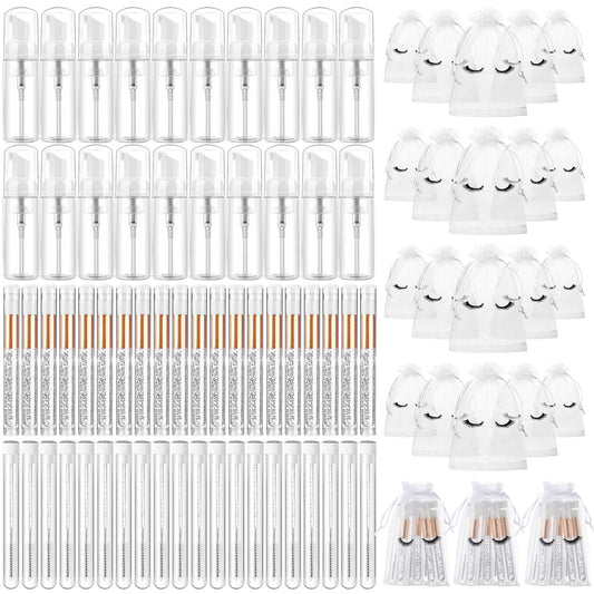 Zhehao 80 Pcs Lash Shampoo Bottle Brushes Set 20 Eyelash Shampoo Foam Pump Dispensers 20 Lash Aftercare Bag 20 Lash Brushes Pipes 20 Lash Shampoo Brushes, Lash Extension Cleaning Kit(White, Sliver)