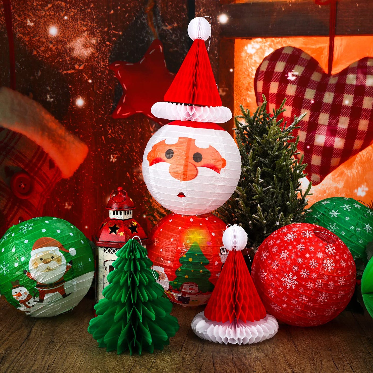 Spiareal 17 Pcs Christmas Party Hanging Paper Lanterns Decorations Set for Santa Claus Paper Lantern Santa Hat Christmas Trees Honeycomb Balls Hanging Party Lanterns for Christmas Decoration Favor