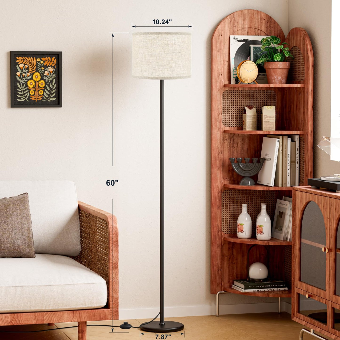 Ambimall 60'' Modern Floor Lamp with Shade, Tall Lamps for Living Room, Bedroom, Office, Dining Room, Beige Shade with Black Pole(Without Bulb)