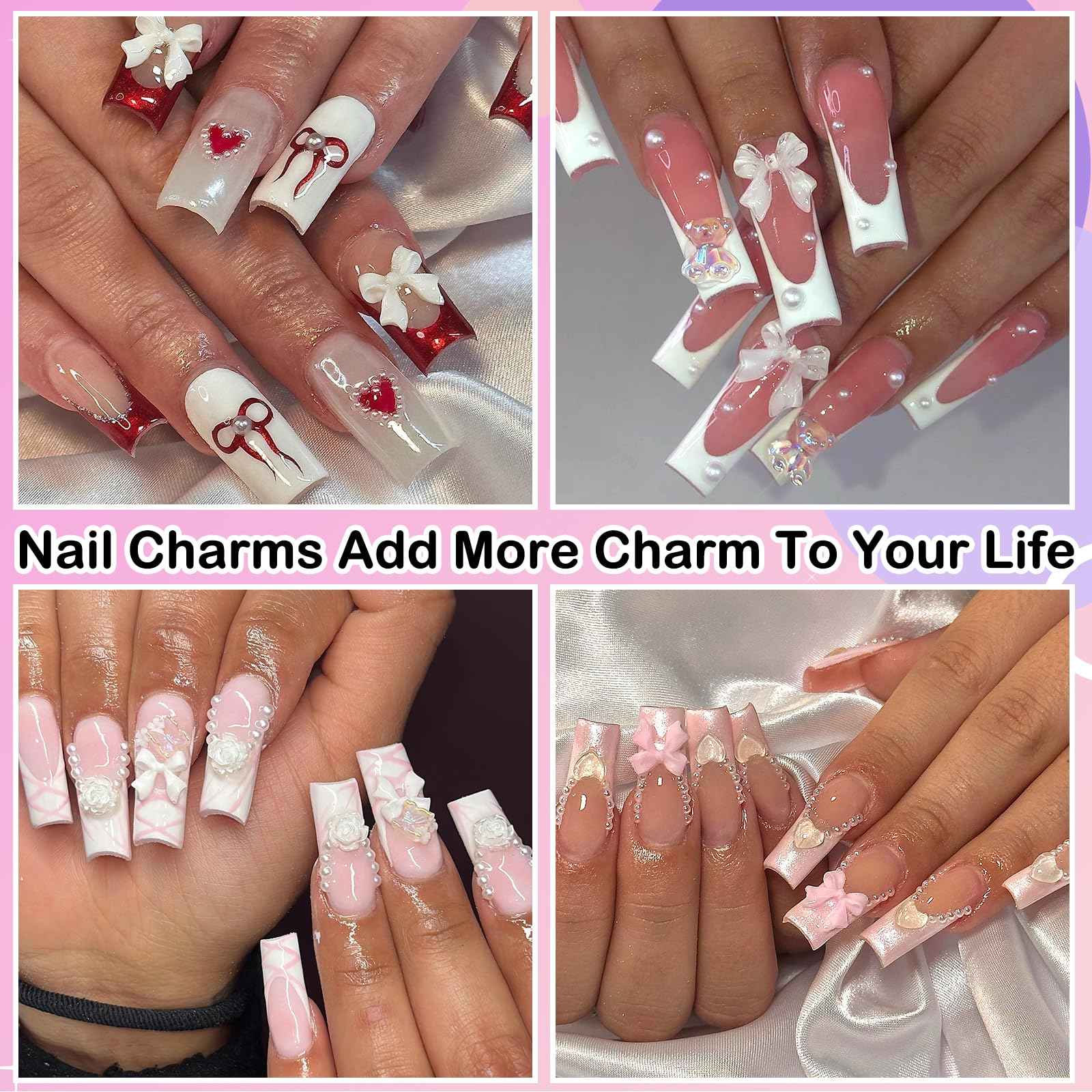 AddFavor Nail Charms Kit 3D Assorted Bow Nail Charms and Gem Pearls Bows Flower Nail Charms Heart Butterfly Fruit Acrylic Nail Charms for Nails Manicure DIY Design Crafts Accessories