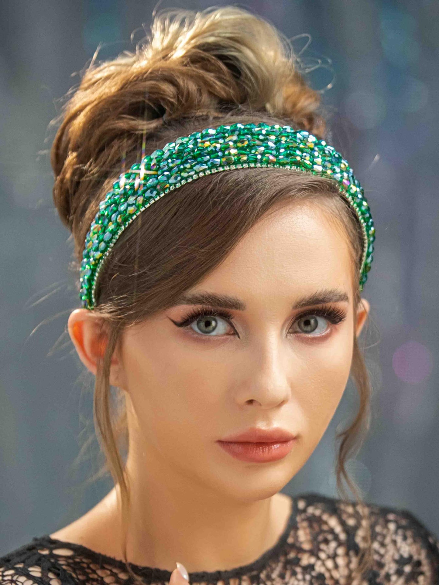 Hermoli Rhinestone Fashion Headband Beads Padded Wide Hairband Green Beaded Glitter Shine for Women Girls (Bead 2)