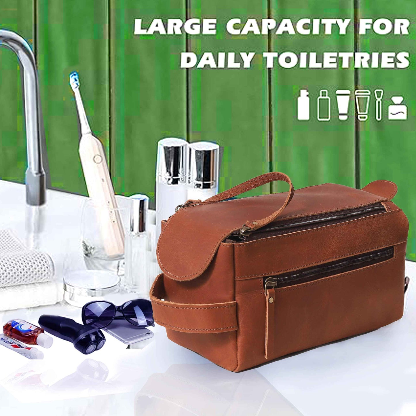 cuero Handcrafted Premium Genuine Buffalo Leather Toiletry Bag - Travel Dopp Kit for Men & Women, Ykk Dual Zipper Design for Quality and Style, Water Resistaant - Tan Brown