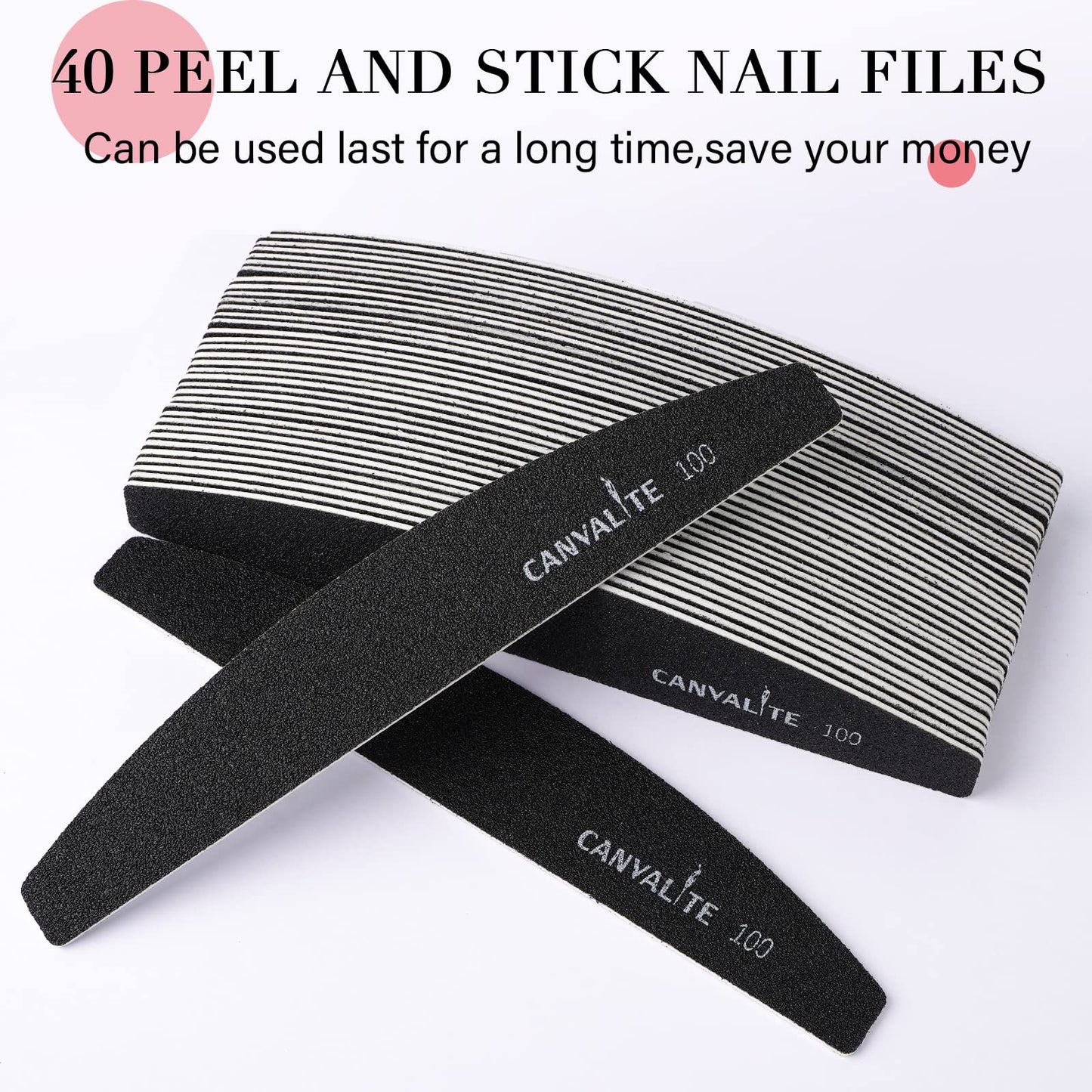 Canvalite 40 PCS Nail File Professional Reusable Peel and Stick Nail Files Replaceable Emery Boards 100 Grit Fingernail Files Manicure Tools for Home and Salon Use