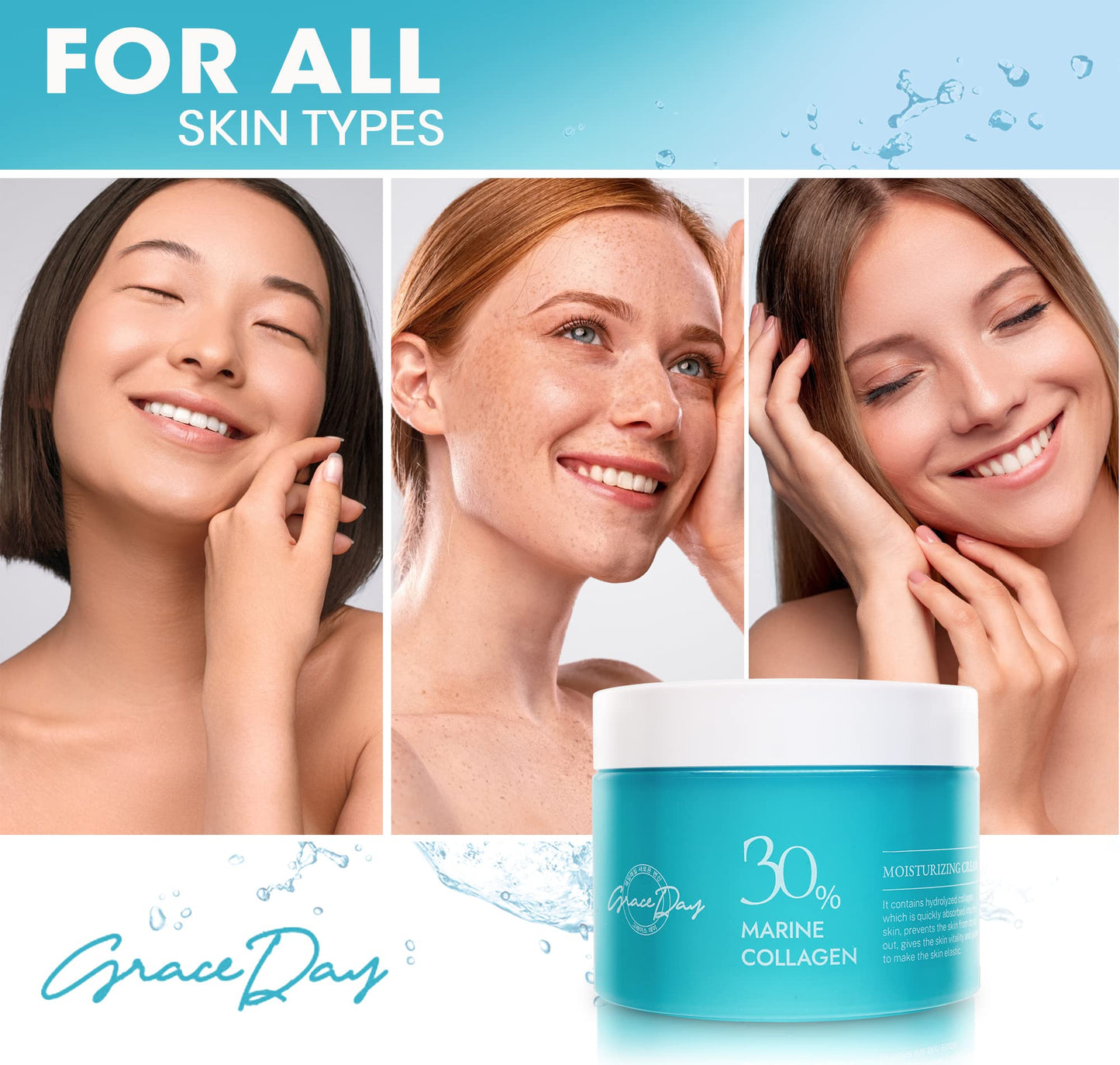 Grace Day Marine Collagen Moisturizing Face Cream, Day and Night Cream with Collagen, Peptides and Hyaluronic Acid, Anti-Wrinkle Cream with Antioxidants And Natural Ingredients, 3.4 oz - Made in Korea